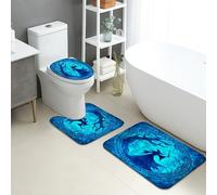 Fantasy Bathroom Mat Sets 3 Piece, Mystical Blue Tree and Rune Absorbent Non Slip Toilet Rugs U Shaped Washable, Enchanted Quick Dry Flannel Bathroom Rug Set