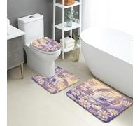 Fantasy Bathroom Mat Sets 3 Piece, Violet Floral Dragon Absorbent Non Slip Toilet Rugs U Shaped Washable, Fanciful Daisy Quick Dry Memory Foam Bathroom Rug Set