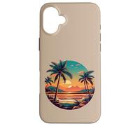 Fantasy beach with ocean, palm tree, mountains and sunset Case for iPhone 16 Plus