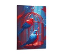 Fantasy Birds Poster Vibrant Contrast Surreal Art Blue Red Harmony Mystical Avian Decor Decorative Canvas Family Bedroom Artwork Picture Painting 16x24inch(40x60cm)