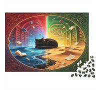 Fantasy Black Cat Magic Library 1000 Piece Jigsaw Puzzle Paper for Adults Surreal Bookshelf Scene Puzzle Game for Family Relax Decor Gift 38x26cm/1000pcs