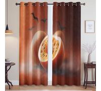 Fantasy Blackout Curtains For Bedroom,Orange Passion Fruit Bats Halloween Print Pattern Light Blackout Drapes,52 x 63 Inch(132cm x 160 cm) Drop 2 Panels