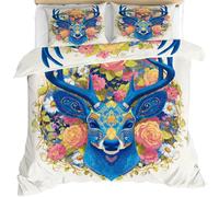 Fantasy Blue Deer Duvet Cover Sets Florals Elegant Boho Rose Bush Daisy Boys Bedding Sets Double Nature Romantic Style Bed Set for Girls Comforter Covers Soft Microfiber Quilt Cover & Pillowcase