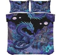 Fantasy Blue Dragon Double Duvet Cover Crystal Landscape Bedding Soft Cosy 3 Piece 110gsm Microfibre Quilt Cover and 2xPillow Case 50x75 cm with Zipper Closure for Bedroom W454