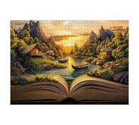 Fantasy Book Sunset Puzzle 1000 Pieces for Adults, Magic Forest Mountain Landscape Jigsaw Puzzles, Cabin Vintage Nature Scenery Puzzles