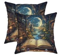 Fantasy Book Themed Throw Pillow Covers Set of 2, Magical Night Sky Nature Design Sofa Cushion Cases, Decorative Cozy Home Living Room Bed Accessories 18x18 Inch