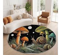 Fantasy Botanical Round Area Rug 80 cm, Soft Faux Wool Carpet - Black Mushrooms Snails Grass Starry Sky Machine Washable Non Slip Indoor Rug for Living Room Bedroom Nursery Kitchen Playroom Entrance
