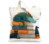 Fantasy Canvas Tote Bags, Cute Dragon and Cat Design Reusable Shopping Bags, Lightweight Washable Shoulder Strap Canvas Bag, White, 13x15 Inch