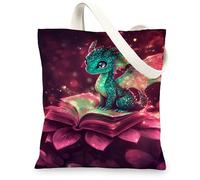 Fantasy Canvas Tote Bags, Fanciful Dragon and Book Design Reusable Shopping Bags, Lightweight Washable Shoulder Strap Canva, Green, 13x15 Inch