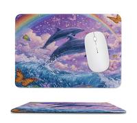 Fantasy Cartoon Dolphin Soft Stitched Edge Mouse Pad,Cute Colorful Sea Underwater Fish Starfish Butterflies Ocean Rainbow Non-Slip Mousepad for Office,Home 20x24 cm