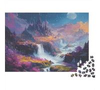 Fantasy Castle Landscape Hard 1000 Piece Family Game Night Puzzle Waterfall Fantasy Mountain Moon Premium Thick Sturdy Vibrant Challenging Stress Relief 38x26cm/1000pcs