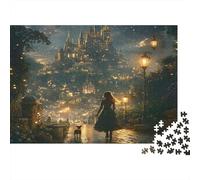 Fantasy Castle Night 1000 Piece Jigsaw Puzzles Girl Looking at Castle for Adult Educational Game Home Decoration Difficult Challenging Male And Female Birthday 38x26cm Gifts