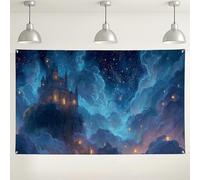 Fantasy Castle Night Sky Backdrop, Dreamy Cloudscape Party Decorations, Magical Photography Background for Events, Ideal for Halloween and Birthday Celebrations 71x43 Inch