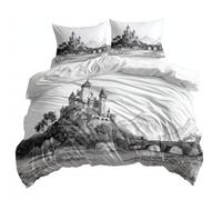 Fantasy Castles Mountains 3D Printed Duvet Cover Set King, Grey Bedding Set with 2 Pillowcases & Hidden Zipper, Soft Brushed Microfiber 3-Piece Quilt Cover for Kids Teens & Adults