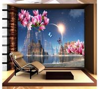 Fantasy Castles Planets Butterflies Magnolias 3D Wallpaper Easy Install Feature Office Living Room Sofa Bedroom TV Background Wall Decoration-250cm×170cm