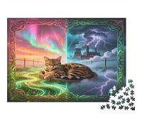 Fantasy Cat 1000 Piece Jigsaw Puzzle Paper for Adults Aurora Storm Castle Scene Focus Relax Home Decoration nan