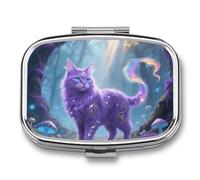 Fantasy Cat Pill Box - 2 Compartment Travel Pill Organizer with Small Mirror, Portable Pillcase for Pocket & Purse, Cute Square Medicine Case, Weekly Medicine Container