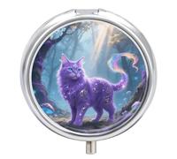 Fantasy Cat Pill Case with Retro Mirror 3 Compartments, Small Round Metal Pill Organizer for Fish Oil Pills or Vitamins, Pill Supplements