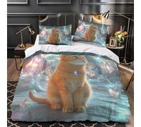 fantasy cat sitting 3D Pattern Quilt Cover 3pcs Microfibre Anti-Fade Breathable Light magical icy landscape Comforter Cover 2 Pillowcases Zip Closure Bed Set Teenagers & Adults Single (135x200cm)