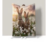 Fantasy charming spring flowers rabbit Blanket Throws for Sofas,Soft Realistic field animals Sherpa Reversible Fleece Throw Blanket for Bed Settees Armchairs Fluffy Single Bed Throw,grey,135*200cm