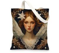 Fantasy Christmas Angel Canvas Tote Bag for Shopping 13x15, Vintage Xmas Snowflakes Reusable Grocery Print Bag for Women, Holiday New Year Aesthetic Painting Gift Decoration