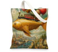 Fantasy Christmas Gold Fish Canvas Tote Bag for Shopping 13 * 15, Fun Whimsical Sea Xmas Reusable Grocery Bag for Women, Holiday Sealife Aesthetic Painting Gift Decor