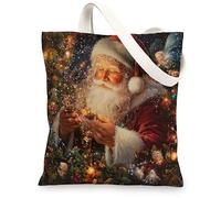 Fantasy Christmas Santa Claus Canvas Tote Bag for Shopping 13x15, Fun Magic Forest Xmas Reusable Grocery Print Pattern Bag for Women, Holiday New Year Beach Aesthetic Painting Gift Decor