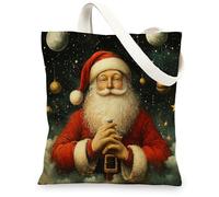 Fantasy Christmas Santa Claus Canvas Tote Bag for Shopping 13x15, Magic Fun Star Xmas Reusable Grocery Print Pattern Bag for Women Men, Holiday New Year Aesthetic Painting Gift Decor