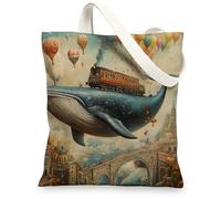 Fantasy Christmas Whale Canvas Tote Bag for Shopping 13 * 15, Fun Whimsical Sea Xmas Reusable Grocery Bag for Women, Holiday Whaleife Aesthetic Painting Gift Decoration