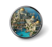 Fantasy City Built on Island Enamel Lapel Pin Round Badge Brooches for Women Men Jewelry Backpack Hats Decor