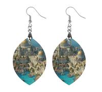 Fantasy City Built on Island Womens Wooden Dangle Earrings for Adults Drop Pendant Trendy Jewelry