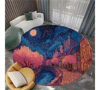 Fantasy City Round Area Rugs 200 cm Night Sky Castle Cherry Blossoms Fluffy Circle Area Rug, Crawling Play Circle Carpet Mat for Bedroom Living Room Kitchen Anti-Skid Floormat