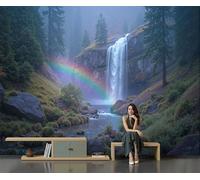 Fantasy Cliff Waterfall Photo Wallpaper 350×256 Cm, Misty Forest Theme Non Woven Fabric Wallpaper for Living Rooms, Bedrooms, Kitchens, Foyer, and Offices, Grey