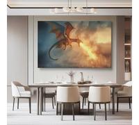 Fantasy Close-Up Dragon Fire Breathing Print, Colorful Painting Art Canvas Painting for Living Room Bedroom Restaurant Wall Decoration Wall Art Pictures Home Decorative 90L x 60W cm Frameless