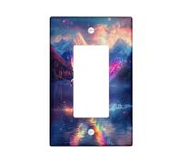 Fantasy Colorful Feather Swan Decorative Light Switch Cover Plate 1 Gang Single Rocker, Lake Mountain Electrical Faceplate for Kitchen Bathroom, Bird Switchcover Decor