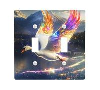Fantasy Colorful Feather Swan Decorative Light Switch Cover Wall Plate 2 Gang Double Toggle, Lake Mountain Electrical Faceplate for Kitchen Bathroom, Bird Switchcover Decor