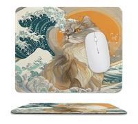 Fantasy Colorful Great Waves Non-Slip Mouse Pad,Abstract Modern Ocean Waves Japanese Cat Red Sun with Most Types of Mouse,Stitched Edges for Decoration 25x30 cm