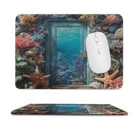 Fantasy Colorful Starfish Stitched Edge Mouse Pad,Abstract Ocean Underwater World Nautical Coral Palm Leaves Soft Mousepad with Non-Slip for Office,Home 9.4"x7.9"