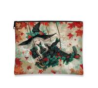 Fantasy Cosmetic Bag, Witch Design Fall Leaves Portable Small Canvas Zipper Pouch for Women, Ideal Travel Toiletry Organizer, Autumn Gift, Green, 7x9 Inch, Bag