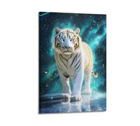 Fantasy Cosmic Wall Art, White Gold Tiger Print, Starry Sky & Meteor Shower, Mystical Celestial Wildlife, Hanging Paintings 08x12inch(20x30cm)