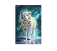 Fantasy Cosmic Wall Art, White Gold Tiger Print, Starry Sky & Meteor Shower, Mystical Celestial Wildlife, Hanging Paintings 24x36inch(60x90cm)