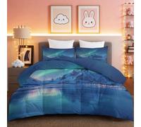Fantasy Coverless Duvet 3pcs Single 135 x 200 cm - Washable Breathable Quilted Bedspreads With Natural Northern Lights Mountain, Blue Reversible Comforter Summer Bedding With 2 Pillowcases 50 x 75cm