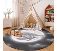 Fantasy Creatures Round Rugs 160cm, Charcoal Black | Washable Soft Low Pile, Non-shedding, Sea Turtle Full Moon Nebula Circle Area Rug with Non-slip Backing for Kids Bedroom, Playroom Reading Corner