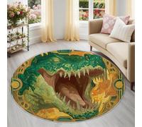 Fantasy Crocodile Border Round Rug for Living Room, 200 cm Machine Washable & Non-Slip Low Pile Carpet, Non-Shedding Green Area Rug for Bedroom, Kitchen, Nursery, Office, Entryway, Bathmat