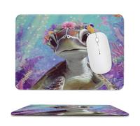 Fantasy Cute Sea Turtle Stitched Edge Mouse Pad,Rustic Colorful Nautical Underwater World Fish Coral Floral Soft Mousepad with Non-Slip for Office,Home 9.4"x7.9"