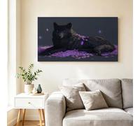 Fantasy Dark Wolf Framed Canvas Wall Art, Wall Pictures Gothic Style Black Wolf Purple Petals Canvas Print Artwork for Bedroom, Hallway, Dining Decor - 70x50 cm