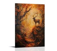 Fantasy Deer Canvas Prints Wall Art Abstract Autumn Forest Retro Animal Paintings for Living Room Bedroom Office Home Decorations Stretched And Framed Artwork Ready to Hang 12x18inch(30x45cm)