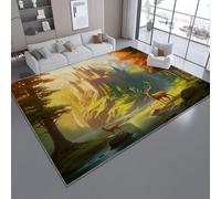Fantasy Deer Forest Area Rug, Green Soft Flannel Carpet, Non-Slip Washable Floor Mat for Living Room Bedroom Kids Room, 140 x 200 cm