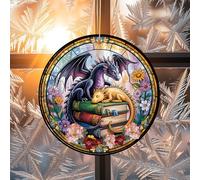 Fantasy Dragon Book Suncatcher - Stained Glass Style Acrylic Window Hanging Decor with Mother and Baby Dragon - Book Lover Gift, Gothic Home Decor, Nursery Room Ornament (Sun-2)