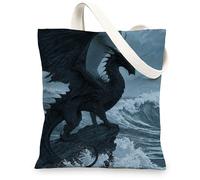 Fantasy Dragon Canvas Tote Bags, Artistic Ocean Waves Design Reusable Shopping Bags, Lightweight Washable Shoulder Strap Canvas Bags for Travel Gym Beach 13x15 Inch